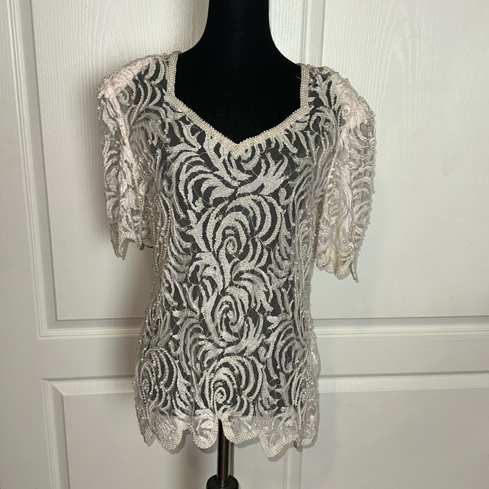VTG 80s PEARL BEADED LACE SHEER BLOUSE
